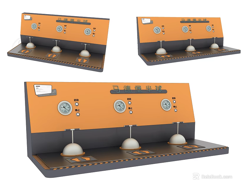 Creative Art Installation With Orange Panel Gauges And Hanging White Spheres Displayed In Multiple Angles 3d model 