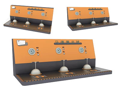 Creative Art Installation With Orange Panel Gauges And Hanging White Spheres Displayed In Multiple Angles 3d model