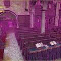 Cartoon Church Interior Scene Featuring Wooden Pews Columns Arched Doorway Open Books And Blue Tablecloth