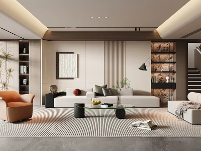 Modern Living Room Interior With White Sofa Orange Armchair Glass Coffee Table Striped Rug And Wall Artwork 3d model