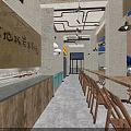 Industrial Style Hotpot Restaurant Interior With Wooden Tables Chairs Hanging Lamps And Open Kitchen