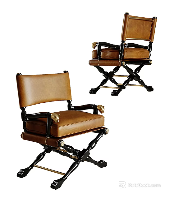 Classic Brown Leather Lounge Chair With Wooden Frame And Decorative Armrests 3d model 