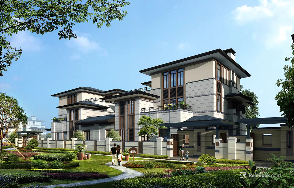 Two Story Modern Detached Villa Exterior With Garden Balcony and Greenery 3d model 