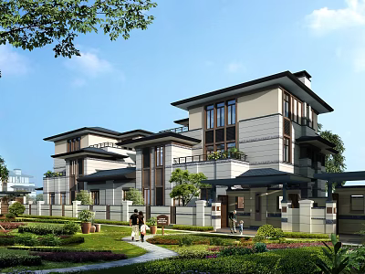 Two Story Modern Detached Villa Exterior With Garden Balcony and Greenery 3d model