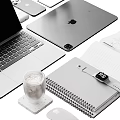 Apple Devices Workspace Setup With Laptop Tablet iPhone AirPods Watch Notebook And Coffee Cup