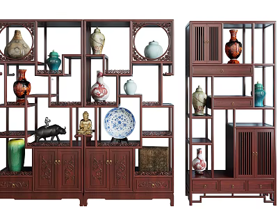 Chinese Wooden Antique Display Shelves With Ceramic Vases Porcelain Ornaments And Carved Design Details 3d model