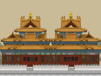 Traditional Ancient Chinese Architecture With Golden Roofs And Elaborate Wooden Decorations 3d model