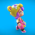 Colorful 3D Cartoon Game Character With Purple Hair Yellow Hat Pink Overalls And Yellow Bucket