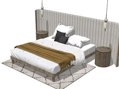 Modern Double Bed With Striped Headboard White Linens Brown Throw Wooden Nightstands And Geometric Rug 3d model
