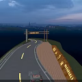 Municipal Road With Curved Lanes Yellow Lines Street Lights Road Signs And Car At Evening