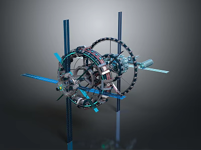 Intricate Mechanical Design Featuring Blue Pillars Black Rings Gears And Engine Parts On Dark Background 3d model