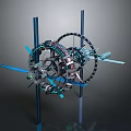 Intricate Mechanical Design Featuring Blue Pillars Black Rings Gears And Engine Parts On Dark Background