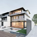 Modern Detached Villa Exterior With Large Glass Windows Balconies Swimming Pool And Wooden Deck
