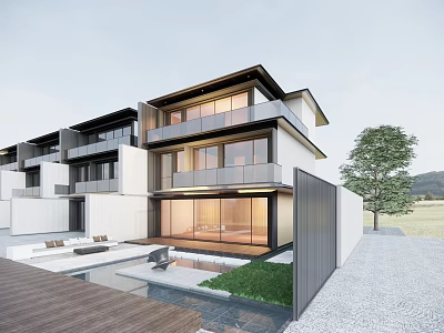 Modern Detached Villa Exterior With Large Glass Windows Balconies Swimming Pool And Wooden Deck 3d model