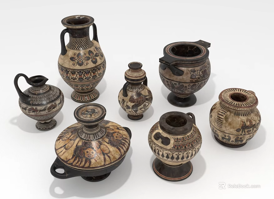 Traditional Ceramic Vases Collection With Ornate Patterns And Various Shapes 3d model 