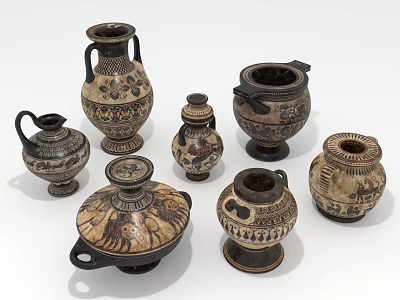 Traditional Ceramic Vases Collection With Ornate Patterns And Various Shapes 3d model