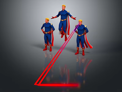 Men in blue uniforms and red capes with one jumping and red arrow below 3d model