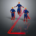 Men in blue uniforms and red capes with one jumping and red arrow below