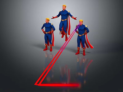 Men in blue uniforms and red capes with one jumping and red arrow below 3d model Men in blue uniforms and red capes with one jumping and red arrow below 3d model