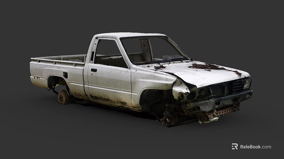 Old White Rusty Damaged Pickup Truck With Broken Front And Worn Body 3d model 