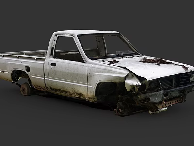Old White Rusty Damaged Pickup Truck With Broken Front And Worn Body 3d model