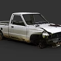 Old White Rusty Damaged Pickup Truck With Broken Front And Worn Body