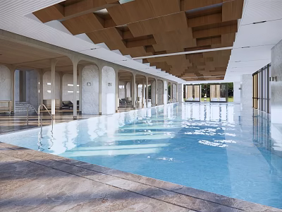 Luxury Clubhouse Interior With Indoor Pool Wooden Ceiling And Columns 3d model