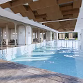 Luxury Clubhouse Interior With Indoor Pool Wooden Ceiling And Columns