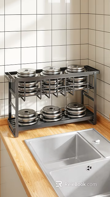Black Metal Kitchen Dish Rack with Silver Plates Countertop Organizer Storage 3d model 