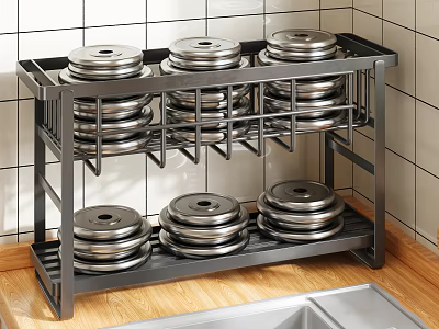 Black Metal Kitchen Dish Rack with Silver Plates Countertop Organizer Storage 3d model