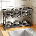 Black Metal Kitchen Dish Rack with Silver Plates Countertop Organizer Storage 3d model