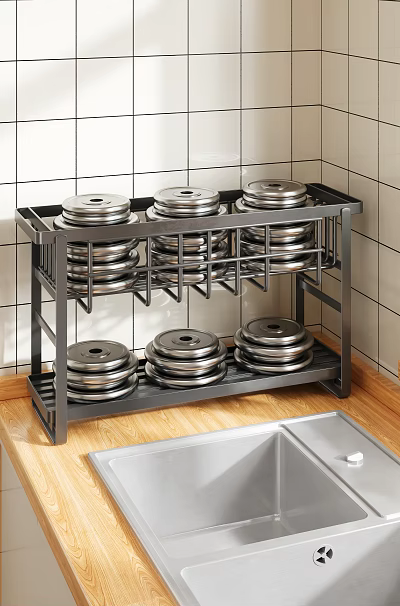Black Metal Kitchen Dish Rack with Silver Plates Countertop Organizer Storage 3d model