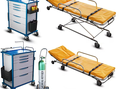 Medical Equipment With Mobile Stretchers Emergency Carts And Oxygen Cylinders For Hospital Use 3d model