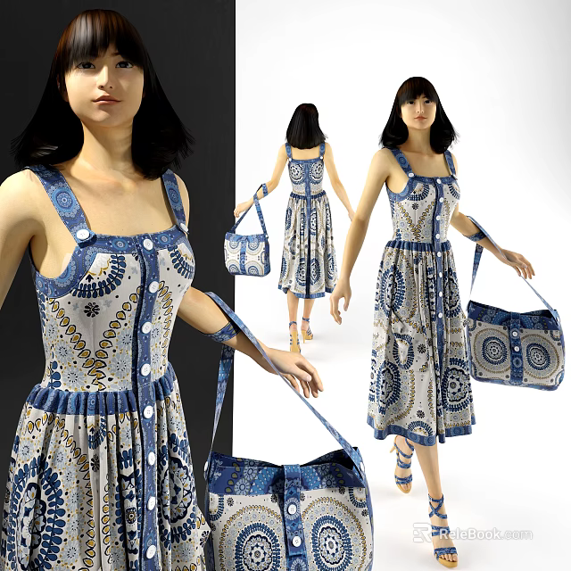 Elegant Model Wearing Blue And White Patterned Dress With Matching Handbag 3d model 