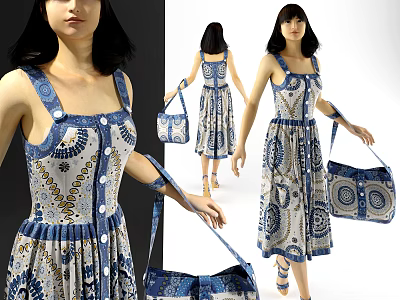 Elegant Model Wearing Blue And White Patterned Dress With Matching Handbag 3d model