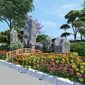 Garden Ornament Design With Decorative Rocks Trimmed Shrubs And Colorful Flowers