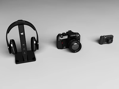Quality Stereo Headphones with Digital Camera and Compact Camera on 3d model