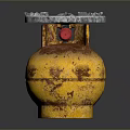 Yellow Rusty Gas Cylinder With Metal Burner Top And Control Knobs For Daily Household Use