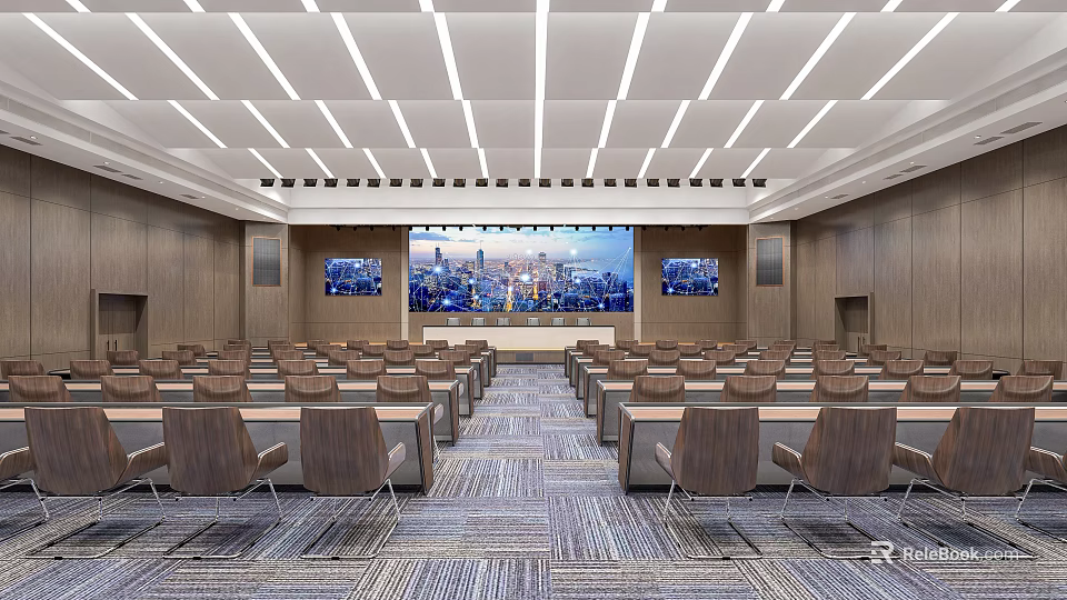 Modern Large Conference Room With Arranged Tables Chairs And City View Screen 3d model 
