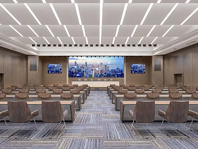 Modern Large Conference Room With Arranged Tables Chairs And City View Screen 3d model