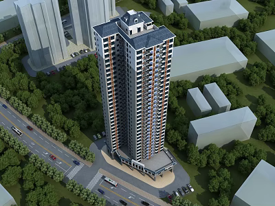 Modern High Rise Residential Building With Surrounding Greenery Nearby Road And Adjacent Buildings 3d model