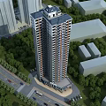 Modern High Rise Residential Building With Surrounding Greenery Nearby Road And Adjacent Buildings