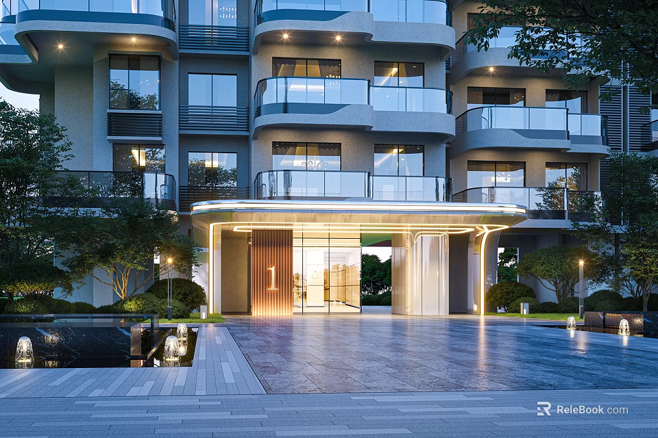 Luxury Modern Residential Entrance Gate With Glass Walls Lighting And Water Feature 3d model 