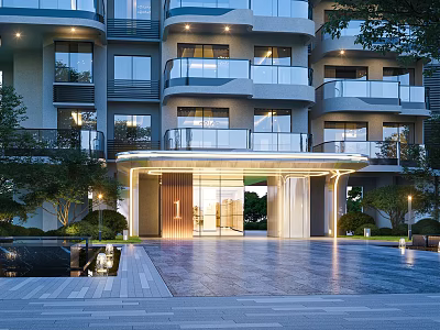 Luxury Modern Residential Entrance Gate With Glass Walls Lighting And Water Feature 3d model