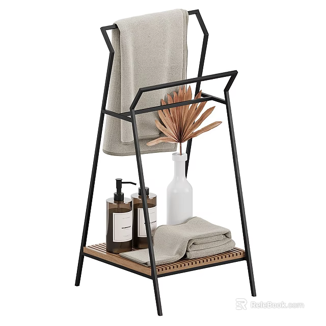 Black Metal Towel Stand with Wooden Shelf Bath Towels Soap Bottles and Dried Plant Vase 3d model 