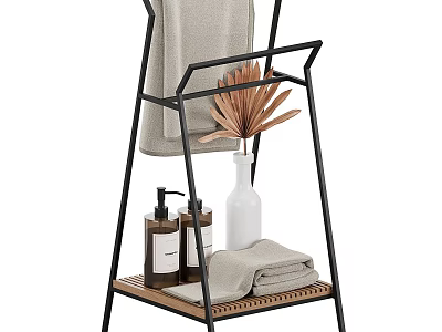 Black Metal Towel Stand with Wooden Shelf Bath Towels Soap Bottles and Dried Plant Vase 3d model