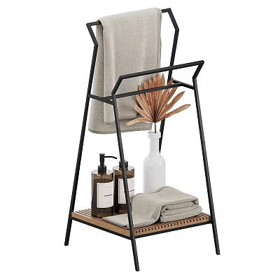 Black Metal Towel Stand with Wooden Shelf Bath Towels Soap Bottles and Dried Plant Vase 3d model