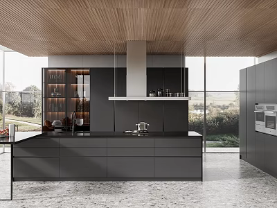 Modern Kitchen Interior With Wooden Ceiling Black Cabinets Island And Large Windows 3d model