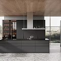 Modern Kitchen Interior With Wooden Ceiling Black Cabinets Island And Large Windows