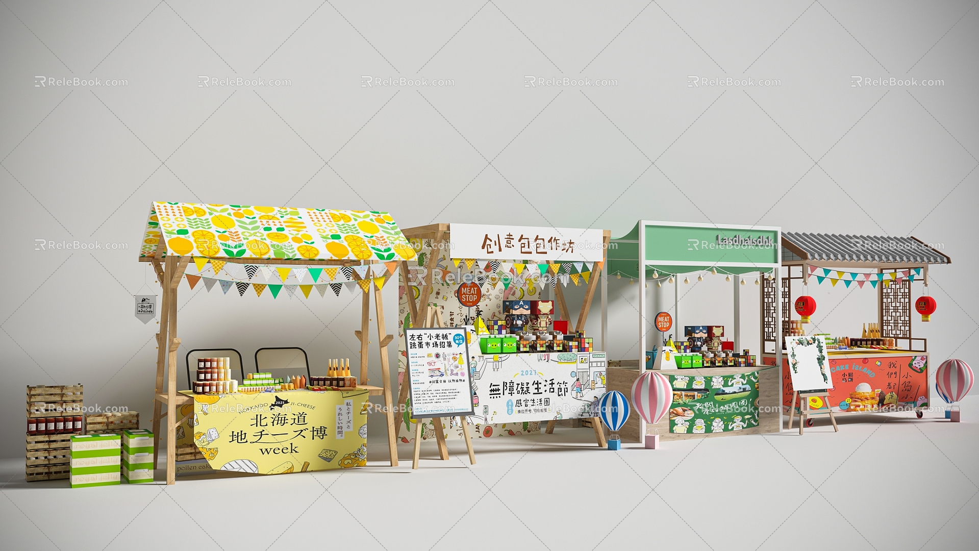 Modern Market Booth Food Stall Stalls Small Cart Net Celebrity Food Street Night Market Booth Temporary Outside Stall 3d model